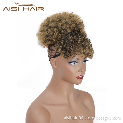 Aisi Hair Cheap Short Afro Puff Ponytail With Bangs Kinky Curly Hair Bun For Women Wrap Drawstring Updo Hair Extensions